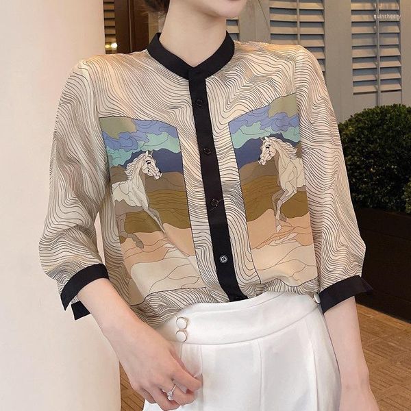 Kadın bluzları gömlek geometrik şerit dikiş at deseni yüksek kaliteli yarım kollu rahat rahat bluz üstü