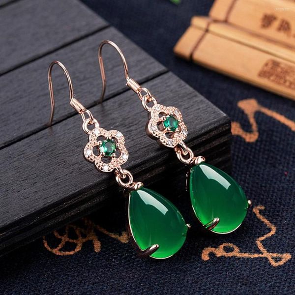 Brincos pendentes elegantes verde jade ágata esmeralda pedras preciosas diamantes gota para mulheres ouro rosa 18k joias cheias bijuterias presentes de aniversário