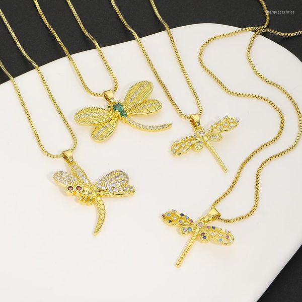 Cadeias Moda feminina Golden Dragonfly Colar Trendy Design Luxurro Colorido de Jóias de Aniversário de Casamento de Zircão de Casamento