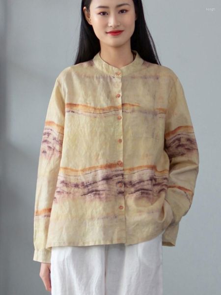 Blouses femininas johnature feminino impressão vintage camisetas florais botão de linho de manga comprida Stand 2023 Spring estilo chinês roupas femininas roupas