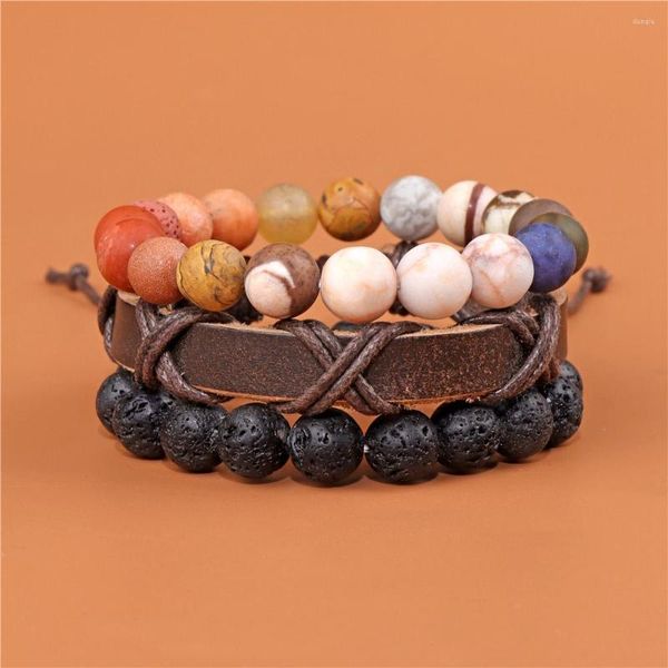 Bracelets de charme 3pcs/conjunto oito planetas lava stone fashion couro pulseira de corda ajustável para homens homens definem jóias presentes