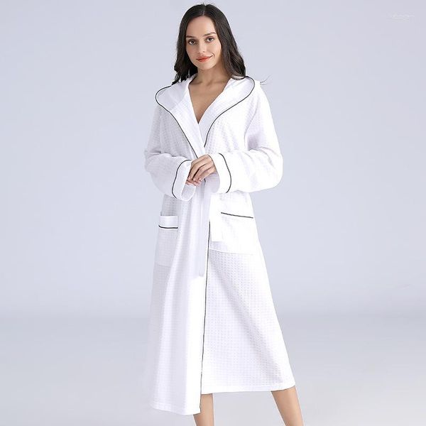 Damen Nachtwäsche Weiße Frau Kimono Bademantel Kleid Langarm Homewear Nachtwäsche mit Tasche Robe Frühling Loungwear