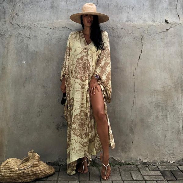 Vestidos casuais 2023 Indie Folk Kaftan Long Batwing Sleeve Plus Tamanho Maxi Dress Women Women Summer Praia Uso Bathing A1054