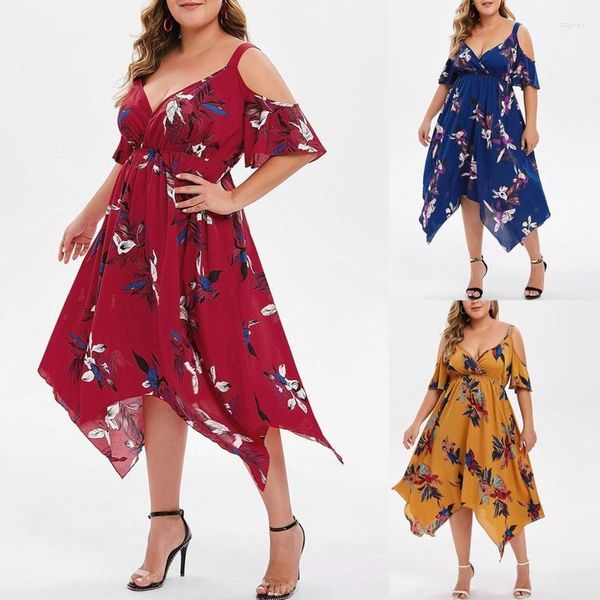 Parti Elbiseleri Sıradan XL-5XL Moda Kadınlar İçin Beden Elbise Çiçek Deseni Boho Düzensiz Ken Uzun Kısa Kol V Yağ Soğuk Şov