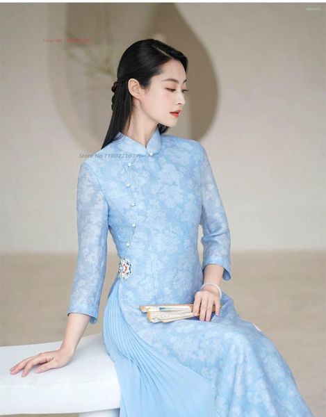 Abbigliamento etnico 2023 Ao Dai Stile classico Abito Aodai Manica lunga Donna Stampa floreale Vietnam Elegante festa orientale Qipao