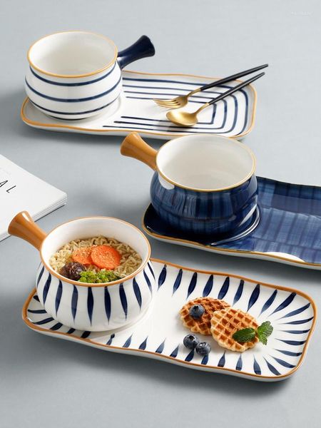 Schüsseln Japanische Kirschschüssel und Teller-Set Frühstückstasse Haferflocken mit Griff Haushaltskeramik 2-teiliges Geschirr für eine Person