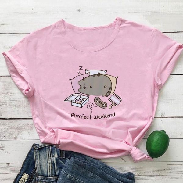 T-shirt da donna T-shirt PURRFECT WEEKEND T-shirt da donna Cartoon Estetica Anime Pattern Stampa Tshirt Cotton O-Collo T-shirt a maniche corte