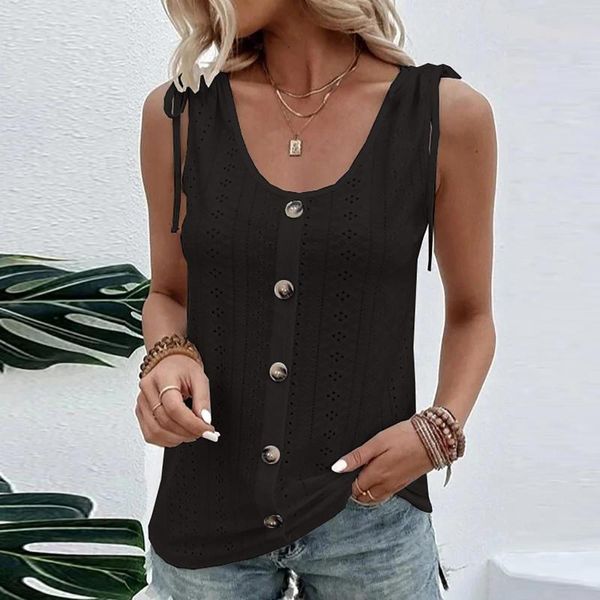 Damen Tanks Damen Tank Top Lose Schnürung Ärmellos Knopf Crop Harajuku Einreiher Camisas Blusas Schwarz Boho Strand Ropa De Mujer