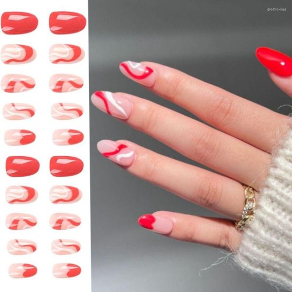 Unghie finte 24 pezzi manicure staccabile fai da te stampa su lunga ballerina francese rosso bianco ondulato