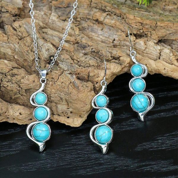 Brincos de colar Conjunto Bohemia Vintage Turquoise Gourd Flower Pingente para mulheres meninas de personalidade simples Presentes de jóias geométricas