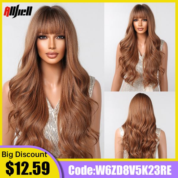Длинные коричневые медные синтетические парики Ombre Natural Wavy Hair Cosplay Wig с челкой для чернокожих женщин термостойкие вечеринка ежедневно используйте факт Direct