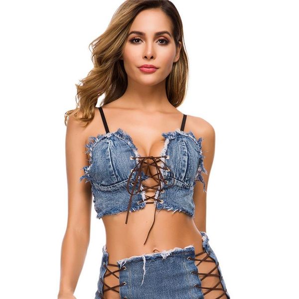 Canottiere da donna Camicie da donna Cinghie estive Top corti Camicia hip-hop in denim Reggiseno Canotta Jeans attillati sexy Bar DJ Discoteca Danza Stage WearW