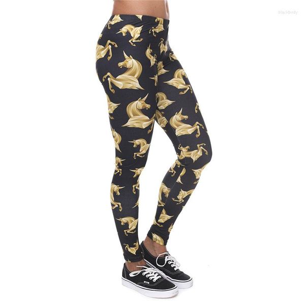 Damen Leggings DeanFire Super Soft Stretch Gold Horse Print Fitness Sexy Silm Legins Elastische Taillenhose Damenhose