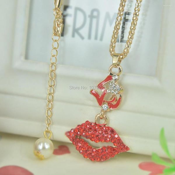 Pendentif Colliers Lèvres Rouges Perle Chandail Collier Bijoux Cristal Pour Femmes Longs Pendentifs Strass Chaîne Christma Saint Valentin Cadeau