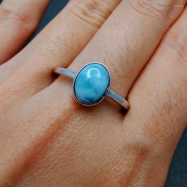 Küme Yüzük Toptan Takı Doğal Larimar Yüzük 925 STERLING Gümüş Oval 7x9mm Taş Düğün Kadınlar