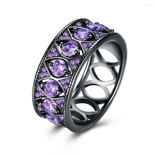 Anéis de casamento Promise de luxo Anel Jóias de jóias preto cor roxa de zircônia cúbica engajamento de mulheres ocas para acessórios de noivas