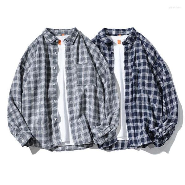 Мужские повседневные рубашки 2023 Весенняя клетчатая рубашка мужская Япония Плюс размер негабаритный верх