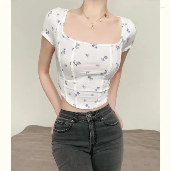 Magliette da donna Vintage Y2K Sweet Floral Crop Top Tee 2023 Summer Women Flower Soft Cotton Fishbone Corsetti Cute Casual Female Shape Tops