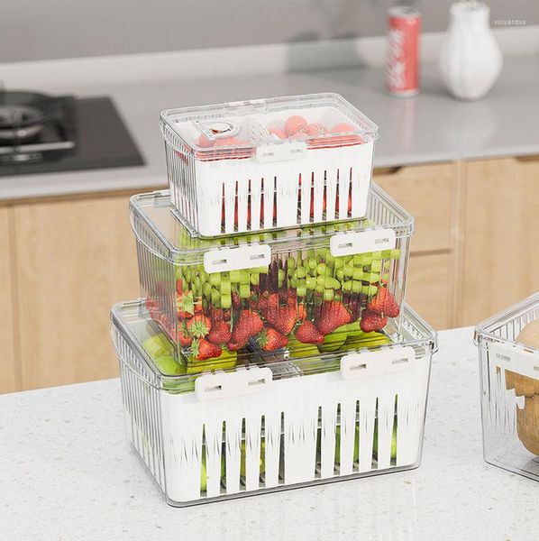 Garrafas de armazenamento Caixa de geladeira plástica com cesta drenante de vegetais empilháveis ​​Recipiente de frutas Produto fresco Organizador da cozinha