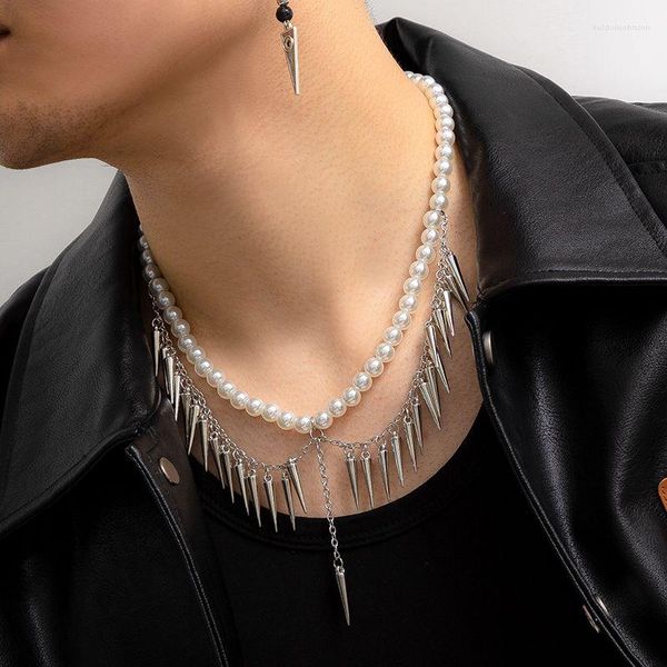 Collane con ciondolo Catena spessa a strati punk con collana di perle a spillo Uomo Trendy Tassel Choker 2023 Regali per collare di gioielli di moda