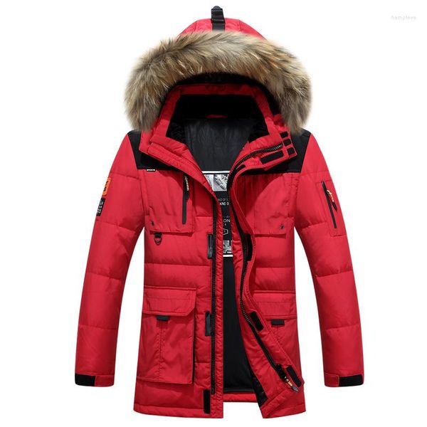 Herren Daunenjacke 2023 Winter Herren Weiß Ente Jacke Kleidung Großer Pelzkragen Kältebeständig Warmhalten Verdicken Mantel Männlich Schwarz Rot ArmyGreen