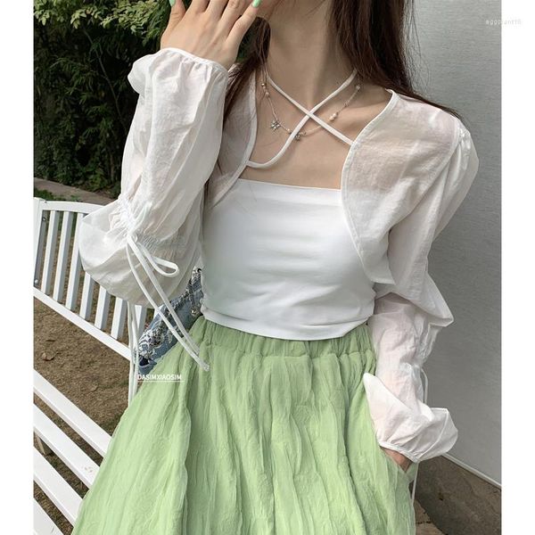 Jaquetas femininas encolherem os ombros mulheres chiffon manga longa cinto sólido respirável verão shading adolescentes bolero moda capa coreano Mujer