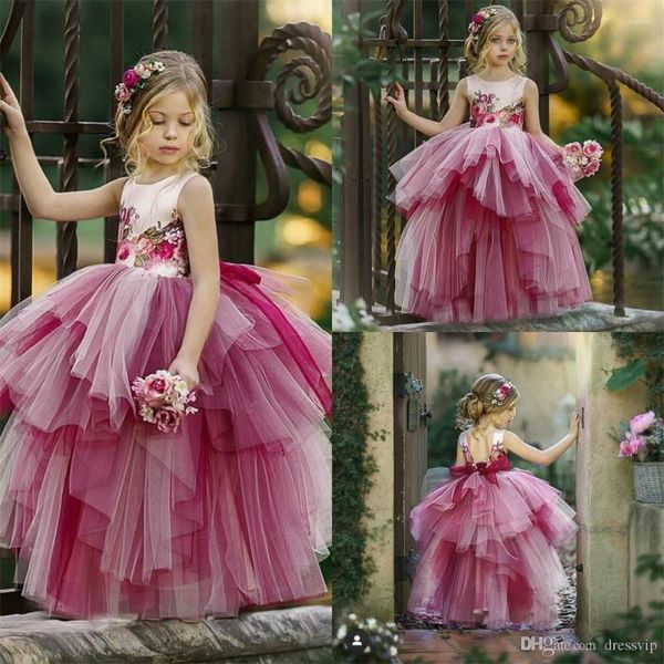 Abiti da ragazza Prima Comunione Elegante stampa in pizzo a strati Abito da principessa con fiocco Fiore Festa di nozze Ballo da sogno Regalo per bambini