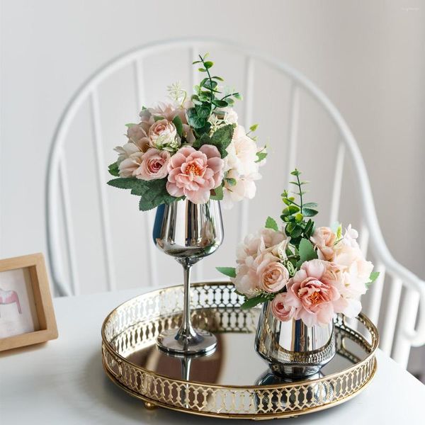 Flores decorativas 1 buquê com vaso de vaso rosa branco rosa rosa outono de seda para decoração de casamento de jardim em casa DIY Plantas falsas