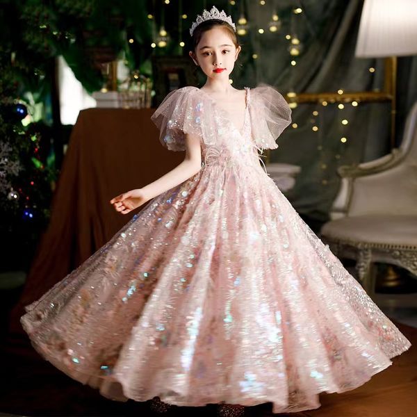 Liebevolle Pailletten Prinzessin Blumenmädchenkleider Feder rückenfreie Schnürung Ballkleid Erstkommunion Kleider für Mädchen ärmelloses Tüll Kleinkind Festzug Partykleid