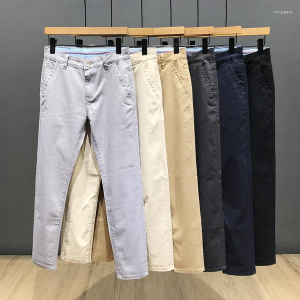 Calça masculina algodão verão masculino de cor sólida casual homem negócios moda clássica esticada slim cáqui cinza marca calça masculino 38