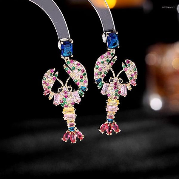 Orecchini pendenti Aragosta colorata per le donne Designer di dichiarazione Simpatico animale Orecchino di gamberetti Gioielli di lusso con zirconi cubici