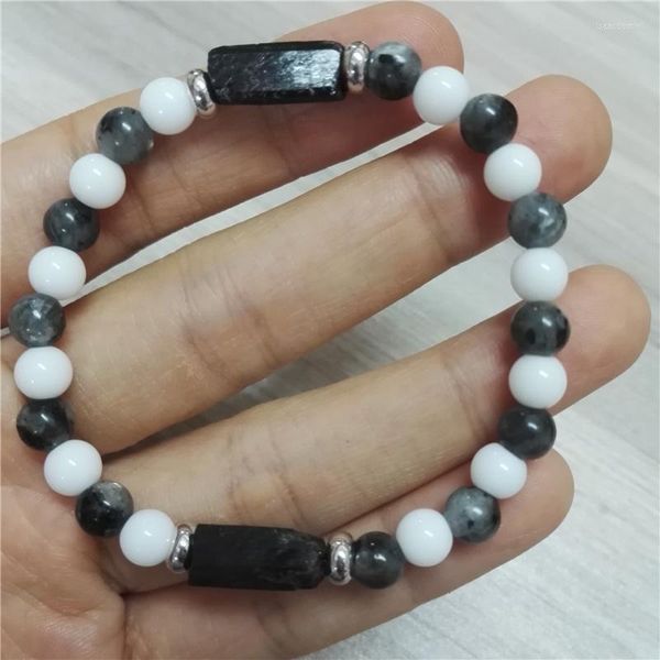 Strand Natural Rough Rough Black Tourmaline Healing Stone Combo Combo 6mm Polido Labradorita Braça Branca de Energia para Man Women