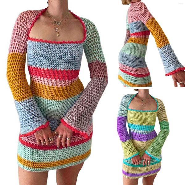 Vestidos casuais Fabumily Women Crochet Knit Mini vestido de manga longa Mesh colorida cobertura suéter suéter de verão use streetwear