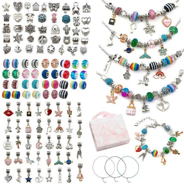 Strang 122 Stück DIY Charms Armband Herstellung Kit Legierung Großes Loch Spacer Perlen Anhänger Handgemachter Schmuck Zubehör Mädchen Geschenk