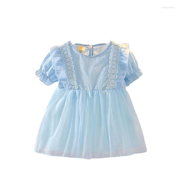 Mädchen Kleider Sommer Coole Baby Mädchen Kleidung 2023 Einfachen Stil Blau Mangel Baumwolle Spitze Beige Party Kleid Für 1-4 jahre