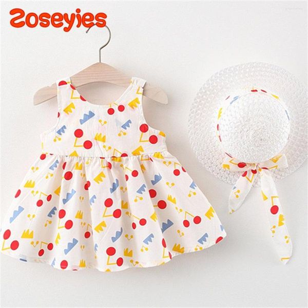 Mädchenkleider Sommerkleid für Babymädchen, niedlicher geometrischer Druck auf der Rückseite, feste kleine Flügel, Riemenhut