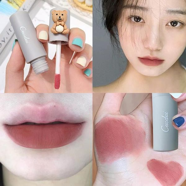 Lipgloss 4Color Matte Waterproof Velvet Nude Lipstick Blush Sexy Red Brown Pigments Makeup Long Lasting Non-Stick Cup Cute Bear