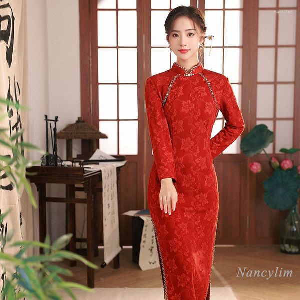 Повседневные платья красные кружевные платья Cheongsam Женщины весна зимний длинное рукав Жениться на вечеринке наряд для ошейни