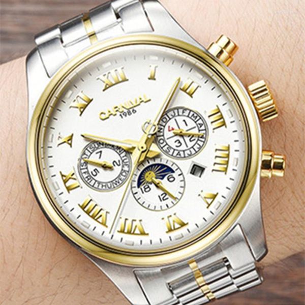 Relógios de pulso Carnaval Brand Menical Watch Mechanical Watch Luxury Stoneless Moon Fase Automática Relvo Relloj de 30m à prova d'água