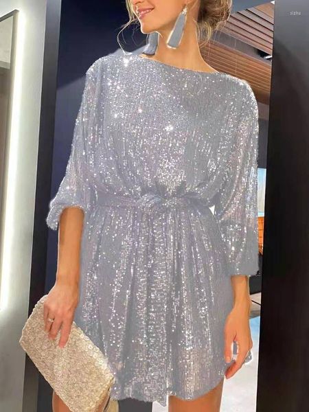 Sıradan Elbiseler Rhinestone Crystal Patchwork Mini Elbise Kadınlar Uzun Kollu A-Line Gece Sequin Moda Parlak Gevşek Kulüp Yeleği