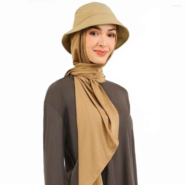 Berretti Moda musulmana Hijab in chiffon con cappello a secchiello Cappelli estivi solidi Cappelli da sole Sciarpa pronta da indossare Hijab istantaneo Abbigliamento islamico