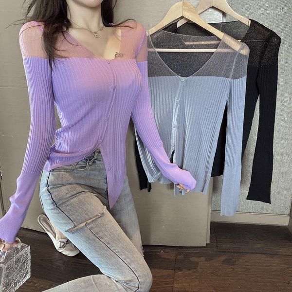 Cardigan a maglia a maniche lunghe per maglie da donna per donne sexy Vedi attraverso l'abbigliamento adolescenti ragazze tendenze della moda coreana elegante streetwear v collo