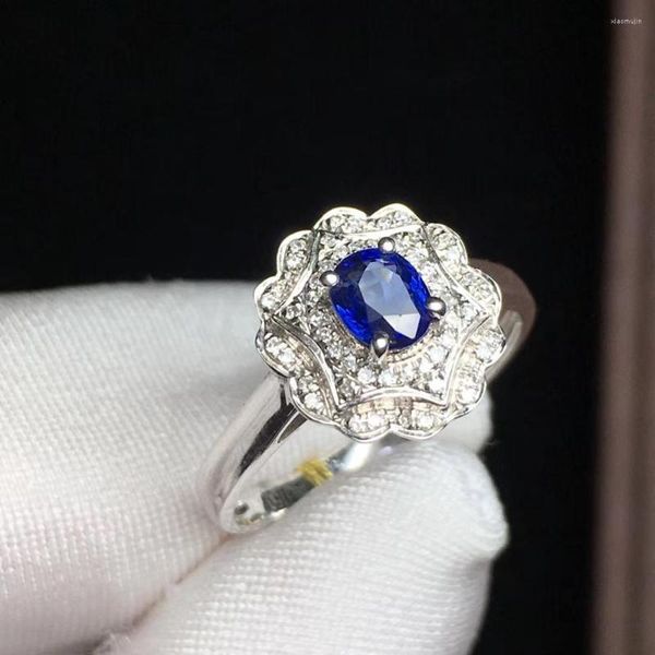 Küme Yüzükleri T1210 Mavi Safir Halkası 0.86CT Gerçek Saf 18 K Doğal Düzensiz Taş Pırlanta Taş Kadın