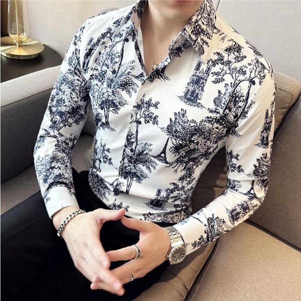 Camicie eleganti da uomo Moda estiva Camicia stampata con pittura a inchiostro 3D Camicia da uomo a maniche lunghe da lavoro formale in stile barocco Abbigliamento da festa sociale