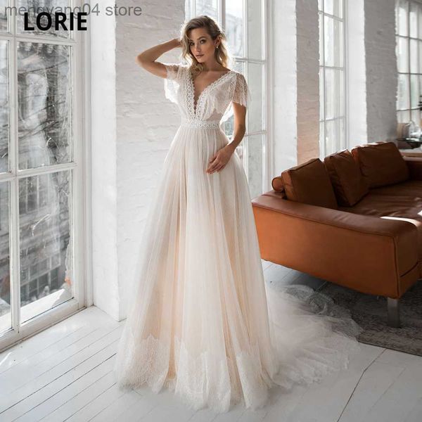 Abiti da festa Cap Sleeve Boho Abiti da sposa Appliques in pizzo Champagne Dot Tulle Abiti da sposa Scollo a V Backless Beach Wedding Party Gowns T230502