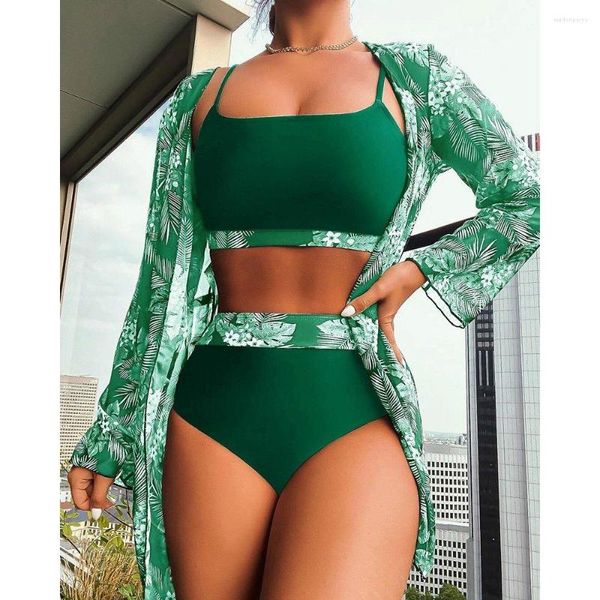 Costumi da bagno da donna Cikini Costume da bagno a vita alta Donna Sexy Bandeau 3 pezzi Cover-up Costume da bagno a maniche lunghe in rete Stampa Costumi da bagno