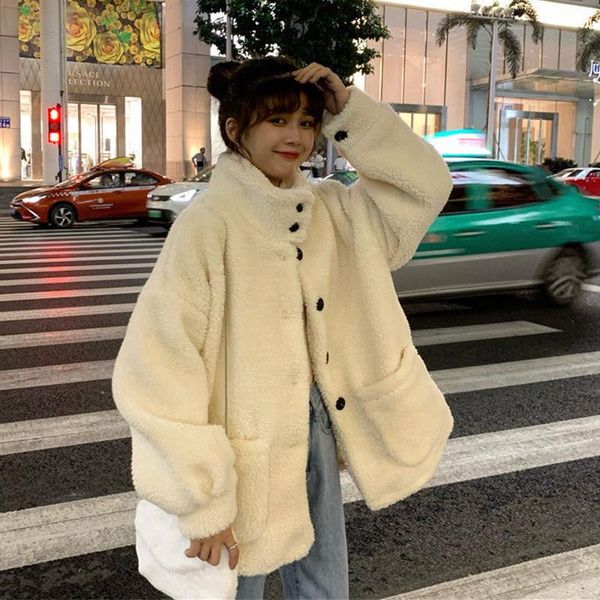 A lã feminina combina o casaco de cordeiro grosso Kawaii 2023 Autumn Winter estilo coreano solto macio de pelúcia de colarinho superque as garotas jovens estudantes