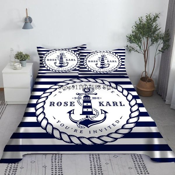 Set lenzuolo da letto con ancoraggio per barca a righe bianche e blu, lenzuolo piatto stampato in 3D blu scuro con federa, biancheria da letto king size