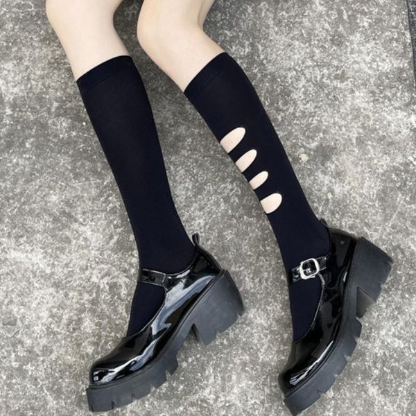 Frauen Socken Ausgeschnittene Strümpfe Schwarz Weiß Weibliche Streetwear Mode Asymmetrisch JK Mädchen Nylon Seidenstrumpf Sommer