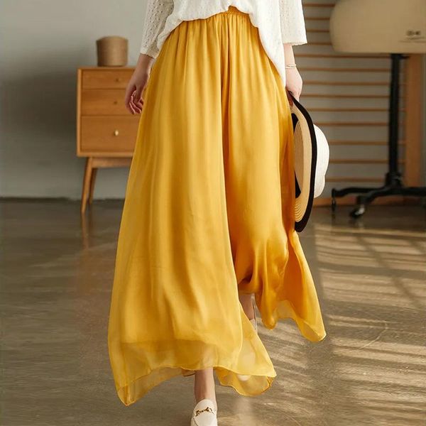 Capris grande swing culottes feminino cintura alta 2021 outono e inverno nova moda leve e elegante chiffon linho mistura calças largas